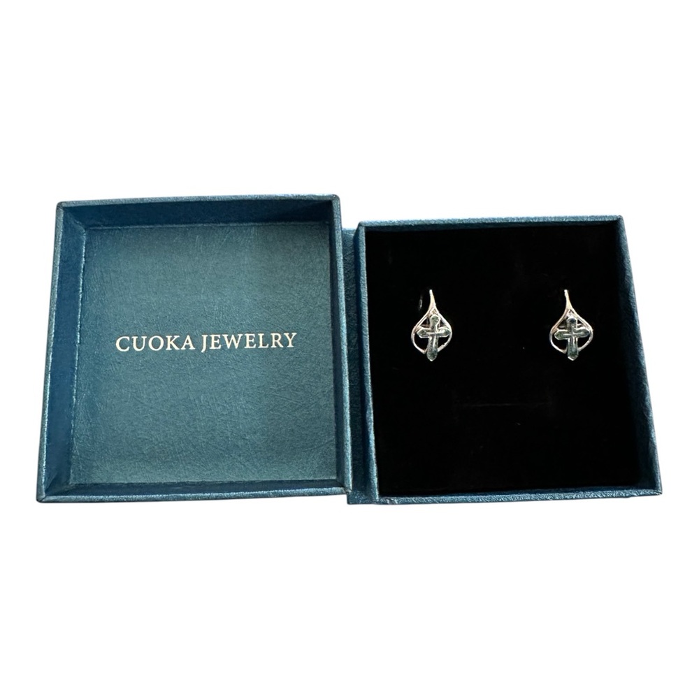Sterling Silver Cross Hoop Earrings CUOKA 925 Leverback Minimalist Religious - Picture 2 of 8